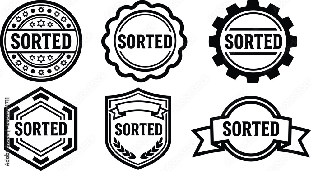 Fototapeta premium Black badge collection with sorted text in various shapes and ornament styles vector art