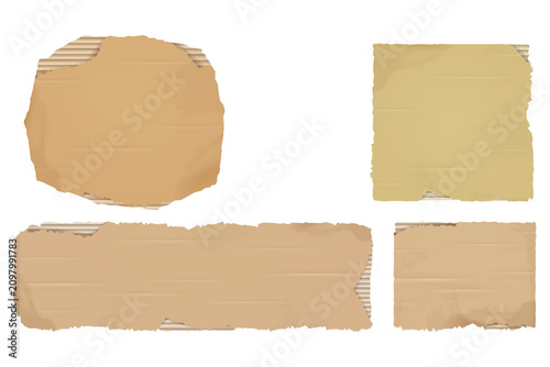 Set of torn cardboard pieces with rough edges and corrugated texture in various geometric shapes and sizes isolated on a transparent background