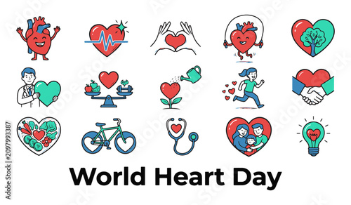 Collection of World Heart Day Icons. Modern Line Style Vector Illustration Set for Health and Cardiology Care.