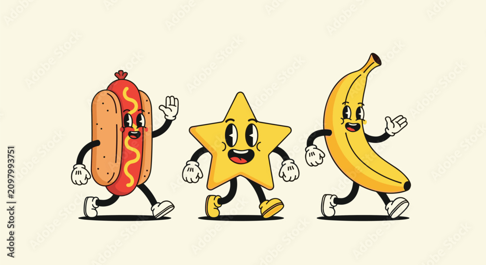 Fototapeta premium Retro cartoon characters of a hot dog, yellow star, and ripe banana walking happily on light background.