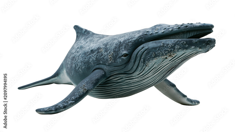 Fototapeta premium Large blue humpback whale with open mouth, isolated on transparent background