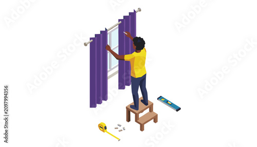 Person stands on a wooden stepladder to hang decorative purple curtains on a window rod with measuring tools laid out on the floor below.