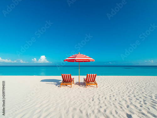 Two Beach Chairs Under Red Umbrella