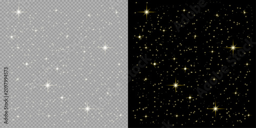Bild auf Leinwand Sparkling star field with light effect golden and white starbursts on transparen