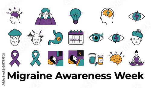 Migraine Awareness Week Vector Icon Set. Collection of Headache Symptoms, Light Sensitivity, Sleep, and Health Symbols.