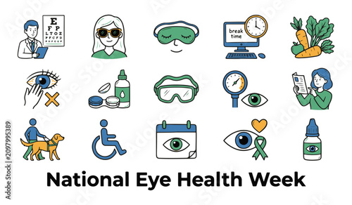 National Eye Health Week Vector Icon Set. Collection of Outline Vision Care and Awareness Icons.