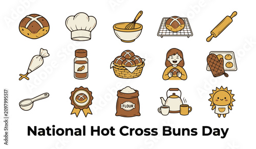 Hand Drawn Hot Cross Buns Baking Vector Icon Set with 'National Hot Cross Buns Day' Text