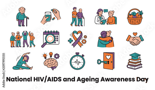 Set of Health and Aging Awareness Icons with text 'National HIV/AIDS and Ageing Awareness Day' for Seniors Care