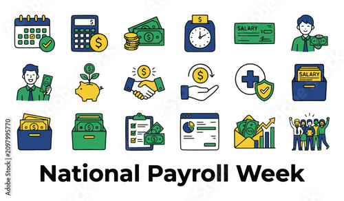 Set of 20 Modern Vector Icons for Payroll and Finance with 'National Payroll Week' Text