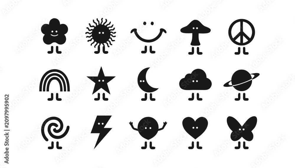 Fototapeta premium Cute character icons with legs and eyes in black silhouette style