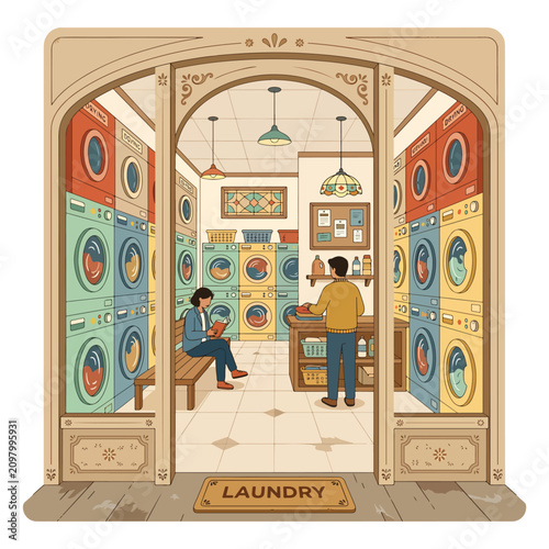 People in a laundry facility interior.