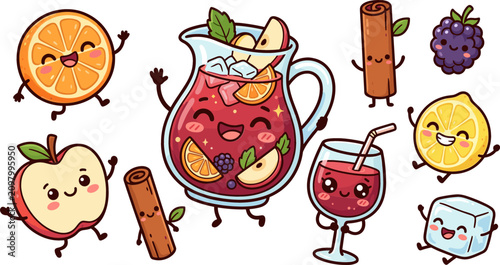 Quadro su tela Cute Kawaii Sangria and Mulled Wine Ingredient Sticker Set with Happy Cartoon Pi