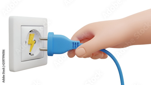 Cartoon hand holding a bright blue electrical plug connecting into a wall socket with a yellow lightning bolt on white background