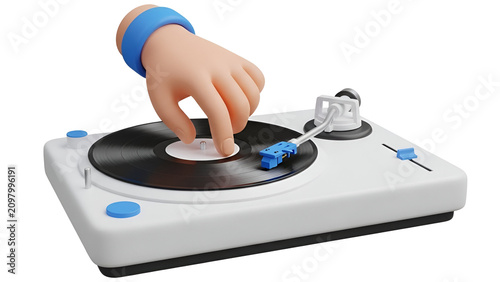 Cartoon hand touching a spinning black vinyl record on a white turntable deck captured in a clean style on white background