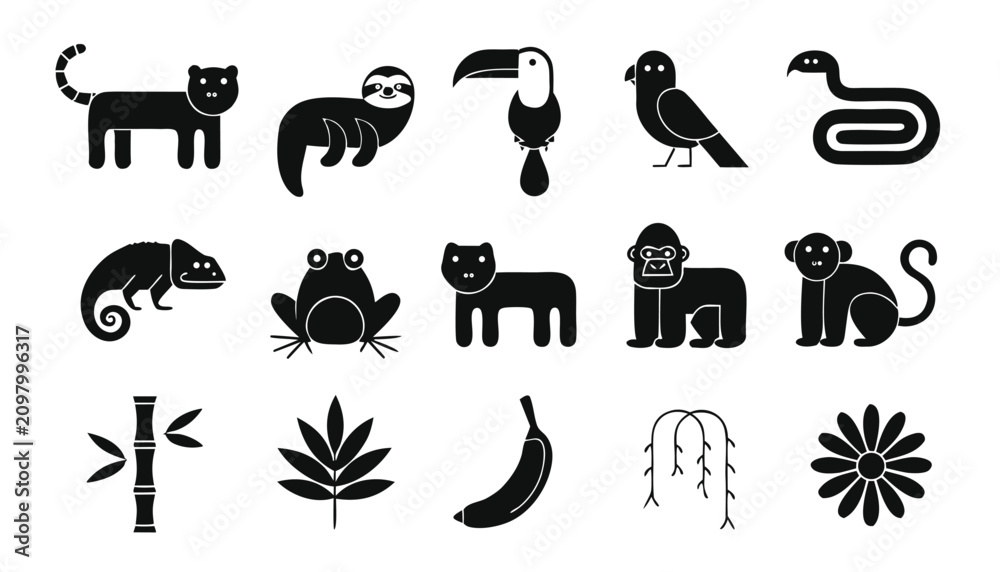 Fototapeta premium Jungle and rainforest animals and plants icon set in simple style, perfect for wildlife themes or educational content