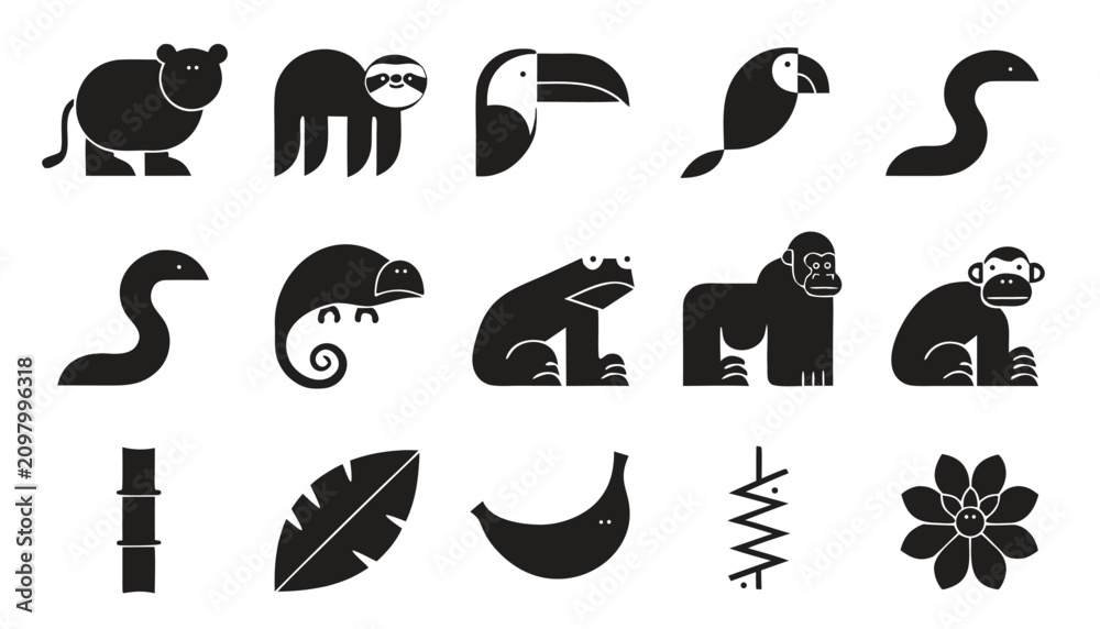 Fototapeta premium Jungle animals and plants icon set in simple style, great for tropical themes, wildlife education, or environmental designs