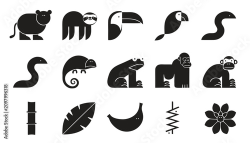 Photography Jungle animals and plants icon set in simple style, great for tropical themes, w
