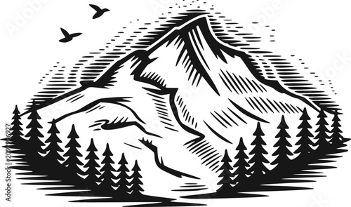Obraz na płótnie 松林の風景に囲まれた山頂の様式化された白黒木版画風イラスト