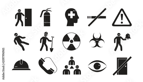 Foto Safety signs and symbols collection for industrial workspace hazards and emergen