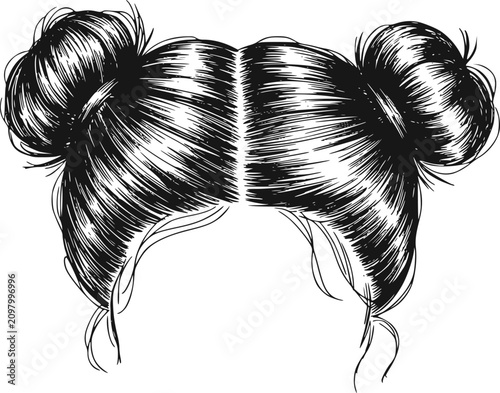 白背景に孤立した無造作な2つのお団子ヘア（スペースバン）の女性のヘアスタイルの手描きイラスト