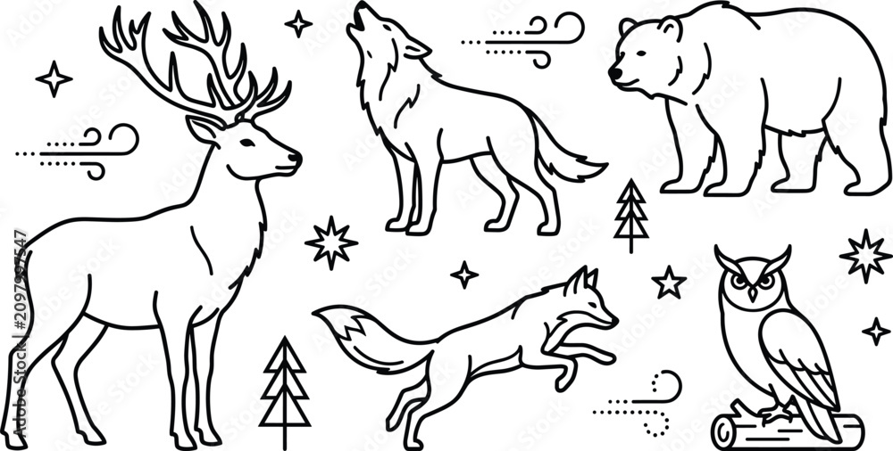 Obraz premium Wild Forest Animals Line Icon Set with Deer, Howling Wolf, Grizzly Bear, Jumping Fox, and Owl on Log Graphic Elements