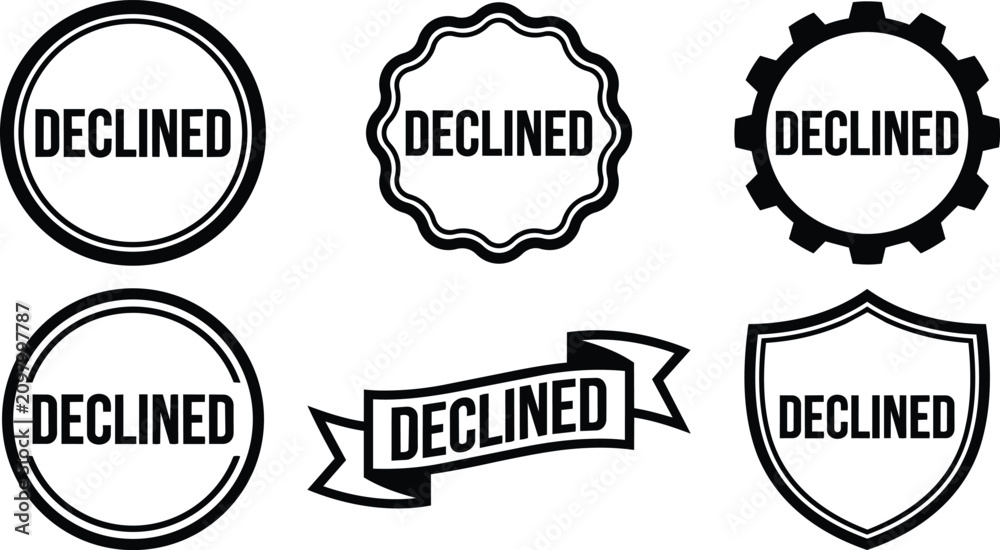 Obraz premium Black and white declined stamp badge set with ribbon and gear shapes vector art