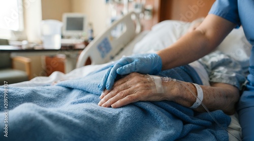 Compassionate nurse holding hand of elderly patient in hospital bed, senior healthcare and medical support concept, palliative care in clinic