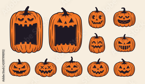 11 Halloween pumpkins set. Cartoon halloween pumpkins isolated on white background. Halloween Pumpkins with Monster faces. Design elements for badge, banner, label, poster, flyer, invitation. Vector i