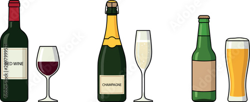 Принти на полотні Wine Champagne and Beer Bottles with Matching Glasses Line Art Vector Set Showin