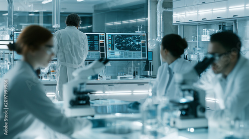 Timelapse scene of a team of scientists in white lab coats working in a modern laboratory, researchers collaborating with advanced equipment and digital displays, scientific innova