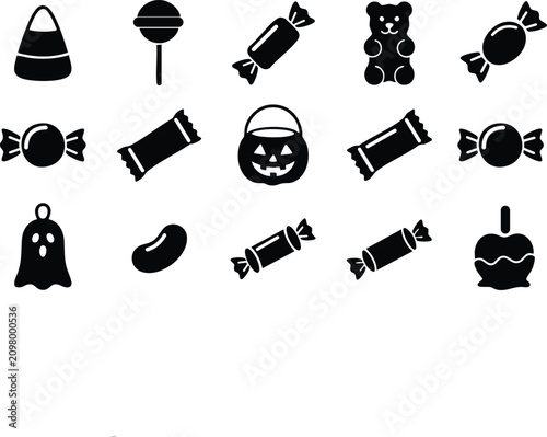 Collection of black halloween candy and treat including lollipops, ghost shapes, pumpkins, and wrapped sweets on a white background