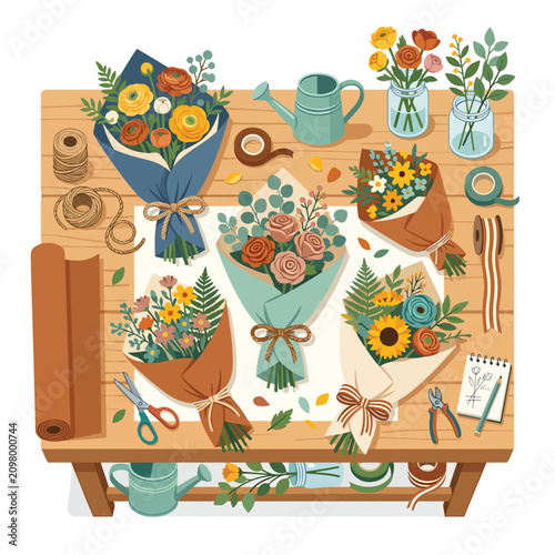 Canvas Print Bouquets of flowers on a workbench.