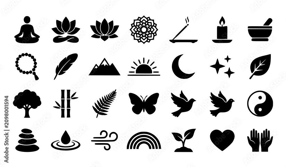 Fototapeta Minimal black and white meditation vector icon set featuring yoga spiritual wellness and natural balance symbols isolated on white background