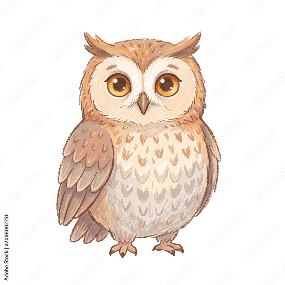 Obraz premium Cute Cartoon Owl Illustration: A charming, fluffy cartoon owl with big, expressive eyes and soft brown and beige feathers, rendered in a watercolor style.
