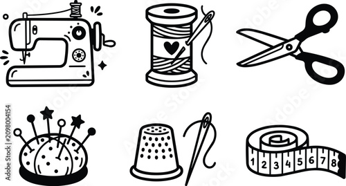 Konstfotografi Black and white line art sewing machine spool scissors and thimble icons