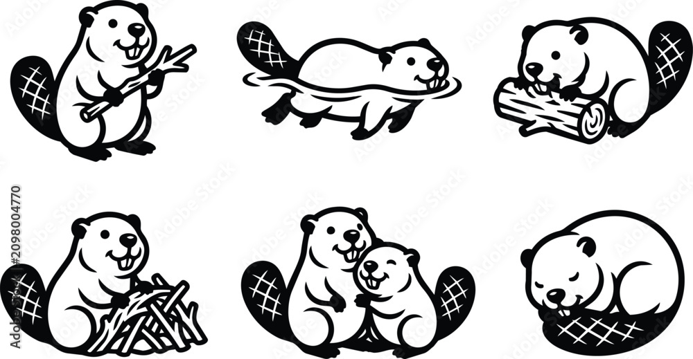 Obraz premium Black and white beavers with sticks and logs in various poses vector art