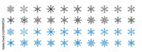 Snowflake icons mega set, vector line art snowflakes in black and blue color isolated on transparent background, cute winter decoration symbols for Christmas and New Year design concept, EPS10
