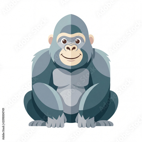 Cartoon Gorilla: A stylized, flat illustration of a friendly gorilla sitting with a gentle smile, depicted in shades of grey and blue.