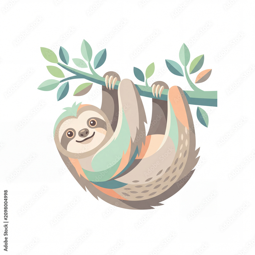 Fototapeta premium Smiling Sloth Hanging on Branch: A charming, illustrated sloth with a gentle smile hangs upside down from a tree branch, surrounded by vibrant green leaves, embodying a relaxed and carefree spirit.