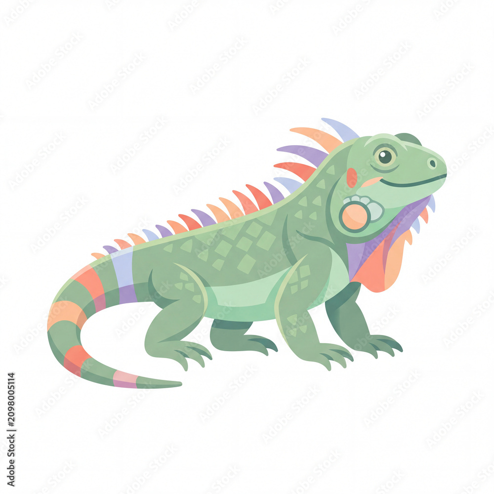 Fototapeta premium Vibrant Iguana Illustration: A charming illustration of a green iguana with colorful accents on its crest and tail, depicted in a playful and stylized manner.