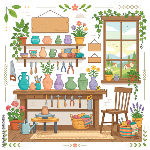 Canvastavla Cozy garden shed with potted plants.