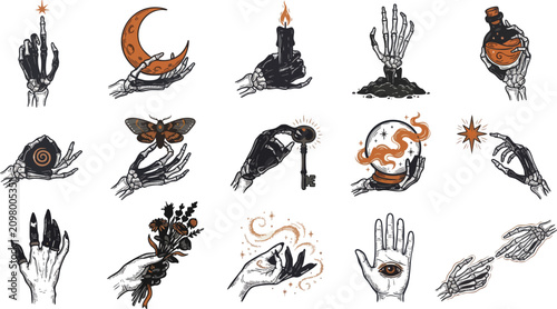 Fotografie Mystic skeletal hand and occult symbols vector set in vintage engraving style