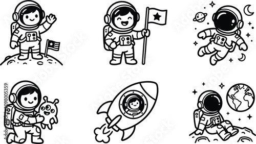Canvas Print Black and white space astronaut with flag alien and rocket vector art