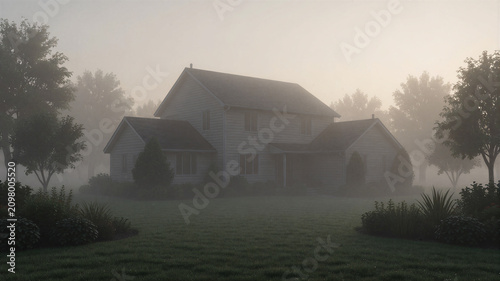Das Haus wird aus derselben Perspektive in dichten Morgennebel gehüllt, wodurch eine ruhige und geheimnisvolle Stimmung entsteht. Die reduzierte Sichtweite betont den Wettereffekt.KI Generiert