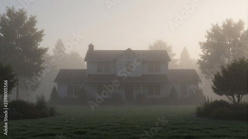 Das Haus wird aus derselben Perspektive in dichten Morgennebel gehüllt, wodurch eine ruhige und geheimnisvolle Stimmung entsteht. Die reduzierte Sichtweite betont den Wettereffekt.KI Generiert