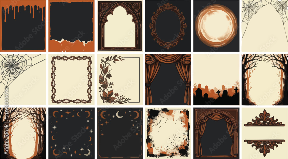 Fototapeta premium Halloween spooky backgrounds and frames with gothic and vintage elements, bare trees, and dark aesthetics