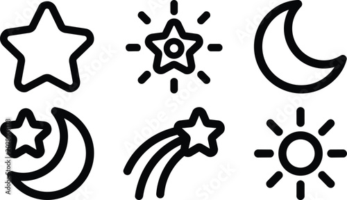 Fotografie Black line art celestial icons sun moon stars vector set