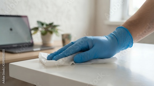 Gloved hand wiping white desk with sanitizing wet wipe, disinfecting home office workspace, surface cleaning and hygiene concept