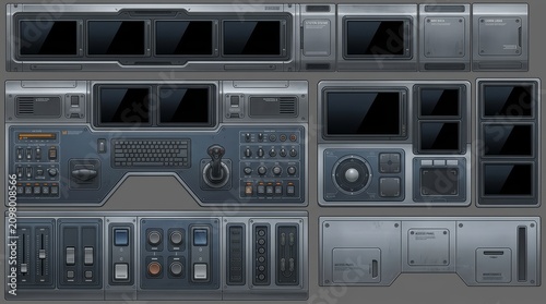 Modular sci-fi control panel trim sheet texture with digital displays and joysticks, futuristic spaceship cockpit dashboard instruments for server room environment design