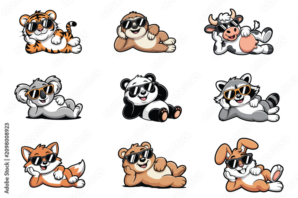 Fototapeta premium Cute Funny Cool Relaxed Animal Characters with Sunglasses Mascot Bundle – Flat Vector Clipart Set
